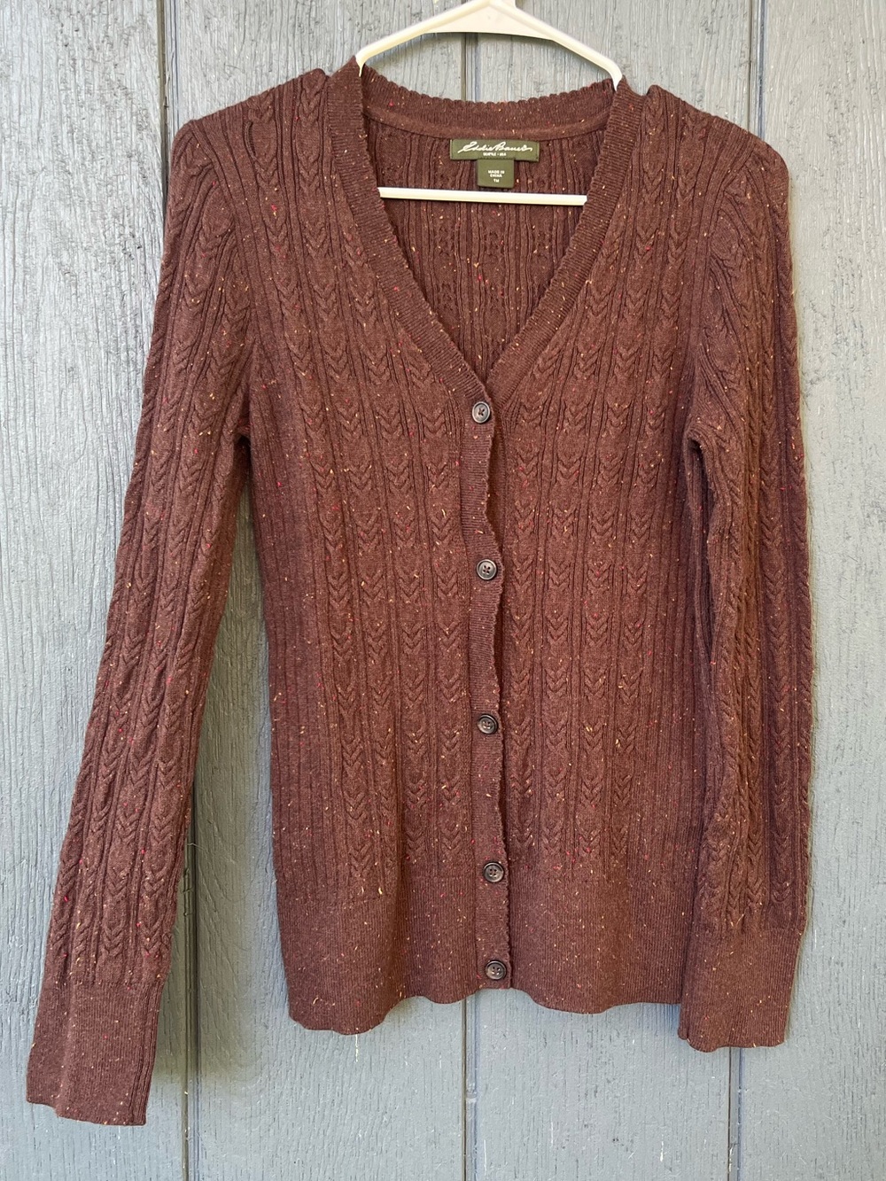 Eddie Bauer Sweater Women's M Cardigan V Neck Brown Speckled Cable Knit Scallop
